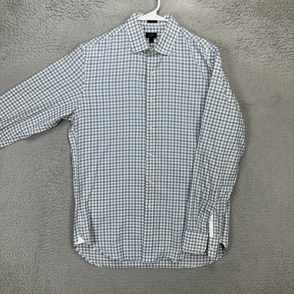 J Crew Mens Ludlow Button Up Shirt Medium Blue White Check 120s 2 Ply Cotton